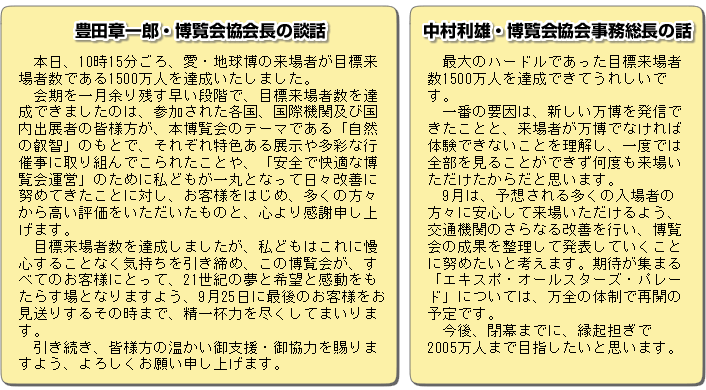 豊田章一郎・博覧会協会会長の談話、中村利雄・博覧会協会事務総長の話