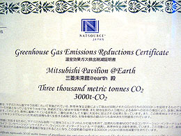 三菱未来館には、ナットソース・ジャパンが発行した「温室効果ガス排出削減証明書」が展示されています。