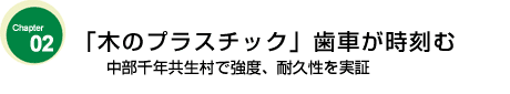 「木のプラスチック」歯車が時刻む　

中部千年共生村で強度、耐久性を実証