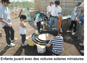 Children playing with miniature solar cars