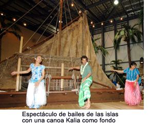 A performance of island dances with a Kalia canoe as a backdrop