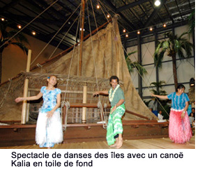 A performance of island dances with a Kalia canoe as a backdrop