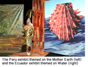 The Peru exhibit themed on the Mother Earth  (left) and the Ecuador exhibit themed on Water (right)