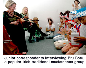 Junior correspondents interviewing Bru Boru, a popular Irish traditional music/dance group