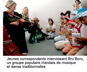 Junior correspondents interviewing Bru Boru, a popular Irish traditional music/dance group