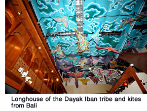 Longhouse of the Dayak Iban tribe and kites from Bali