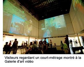 Visitors looking up at the footage shown at the Video Art Gallery