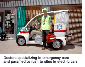 Doctors specializing in emergency care and paramedics rush to sites in electric cars