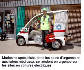 Doctors specializing in emergency care and paramedics rush to sites in electric cars